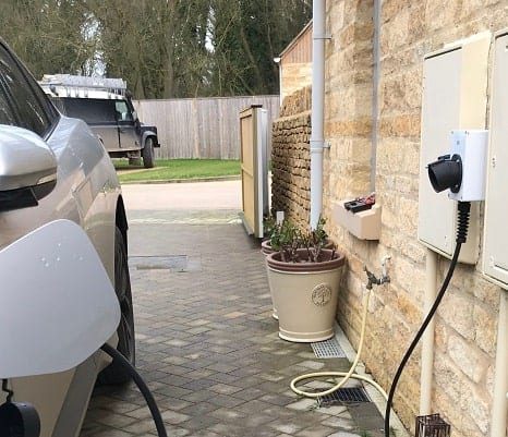 Electric car being charged by an EV charger.